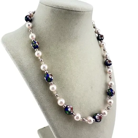 Vintage Style Cloisonné Blue Enamel Cherry Blossom Faux Pink Pearls 18” Necklace - Picture 2 of 5